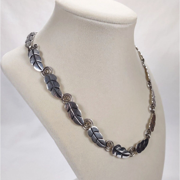 Vintage A or R Muñoz Taxco 925 Sterling Silver Leaf Necklace 17” Handmade Mexico - Picture 2 of 16